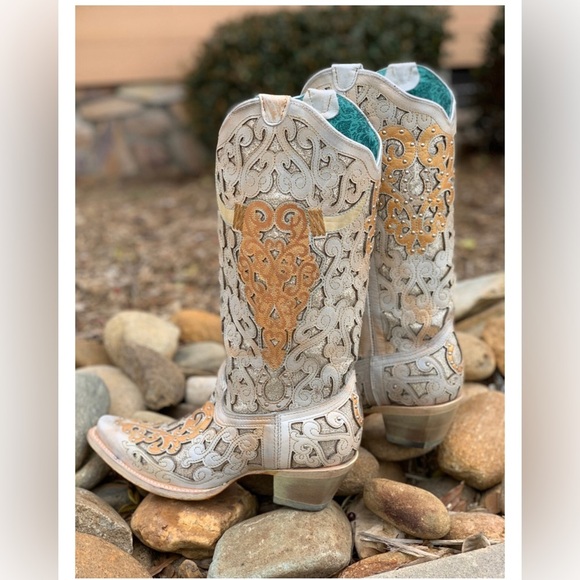 Corral Shoes - Corral Bull Skull White Glitter Inlay Embroidery cowboy western boots A4408 sz10